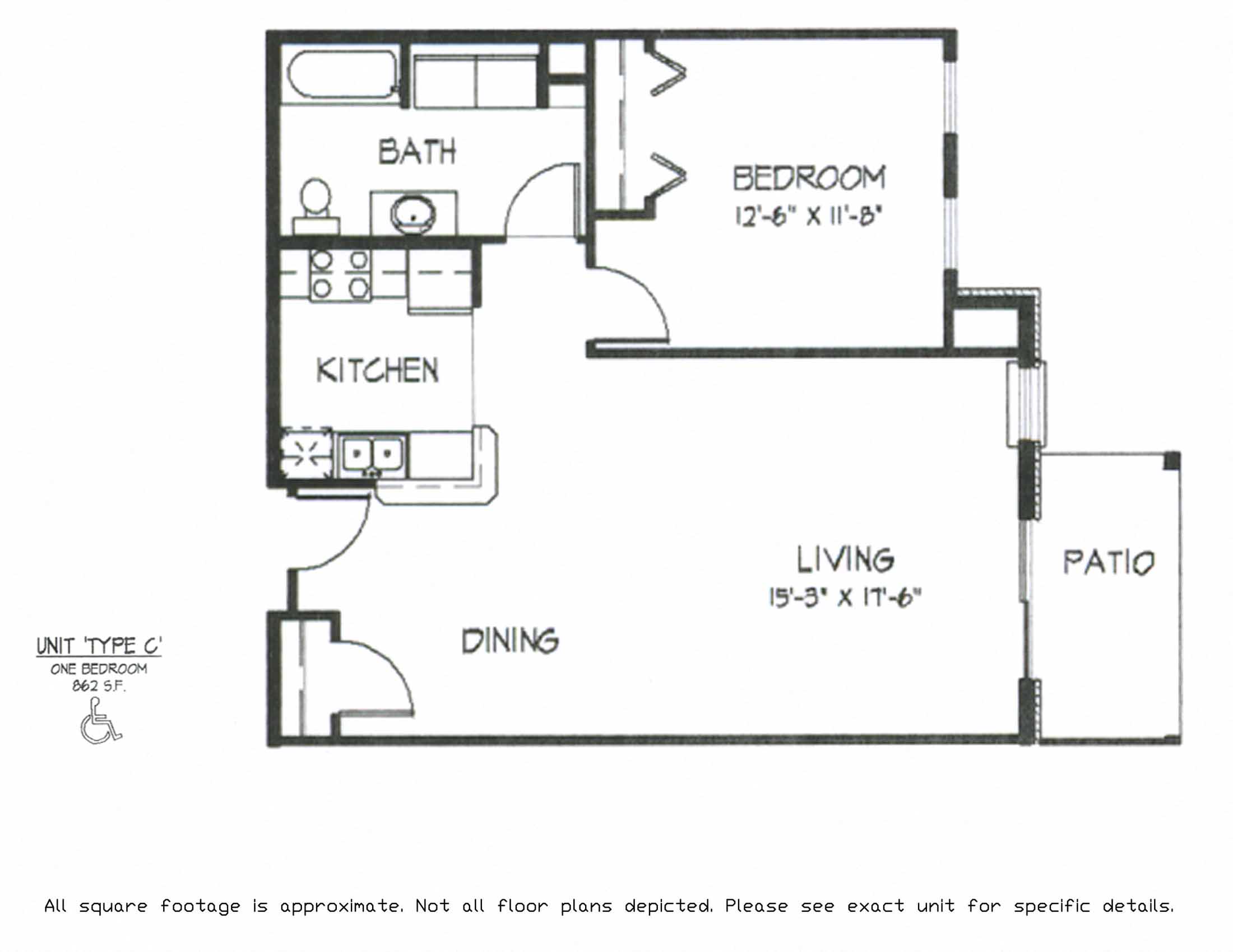 Floor plan for 1 bed, 1 bath, 862 sqft